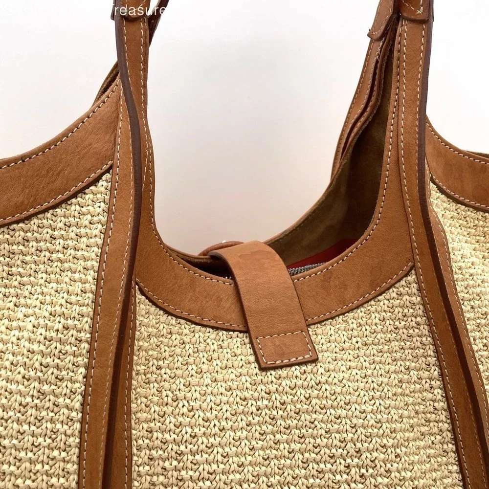Cavalcanti Women's Woven Straw Leather Trim Tote Bag Tan Made in Italy Buckle